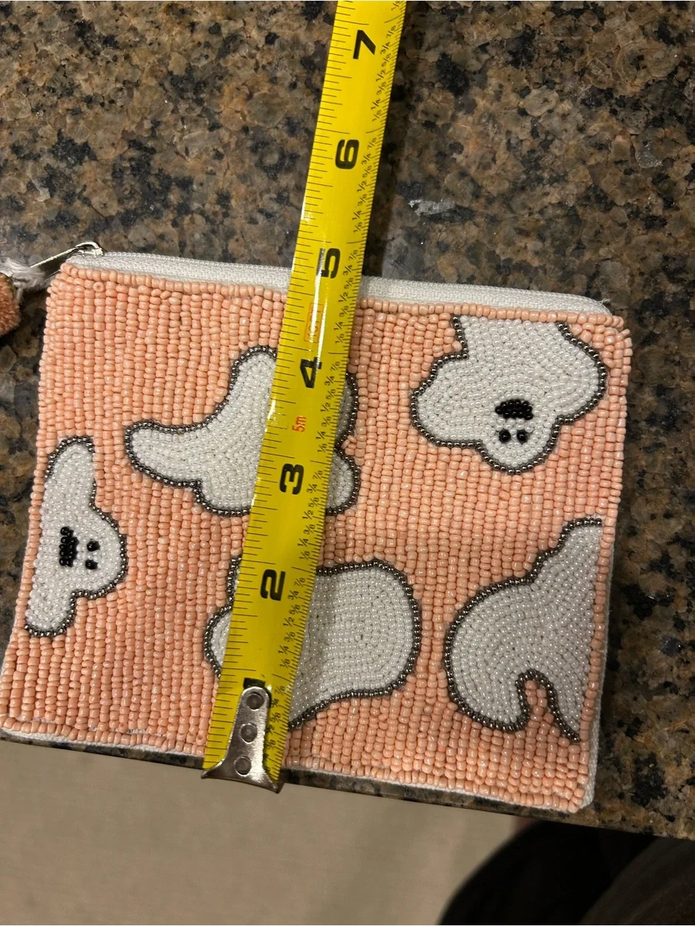 Plush Beaded Ghost Zip Pouch - Peach and White